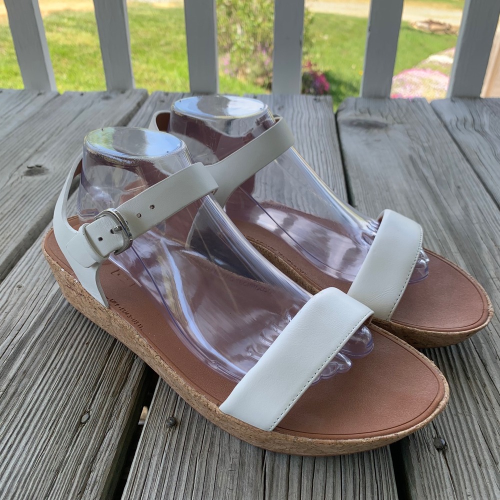 FitFlop Sandals Cork Wedge Platform Bon II White Leather Womens 11 Coastal Boho
